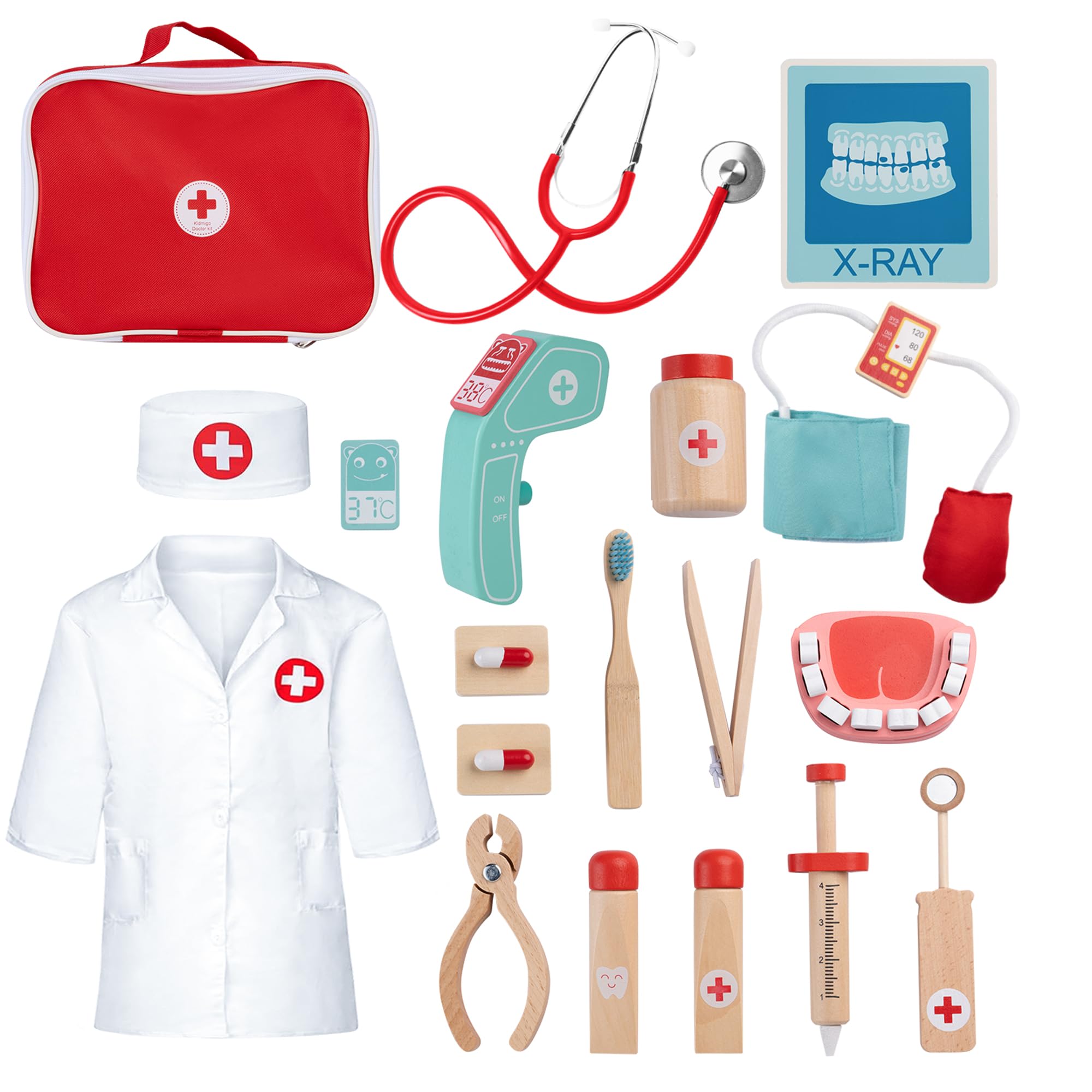 KidMigo Kids Doctors Set Dentist Role Pretend Play Wooden Toddler Toys for Kids Dress Up Costumes Gifts for Girls Boys Age 3 Stethoscope for Doctors Playsets