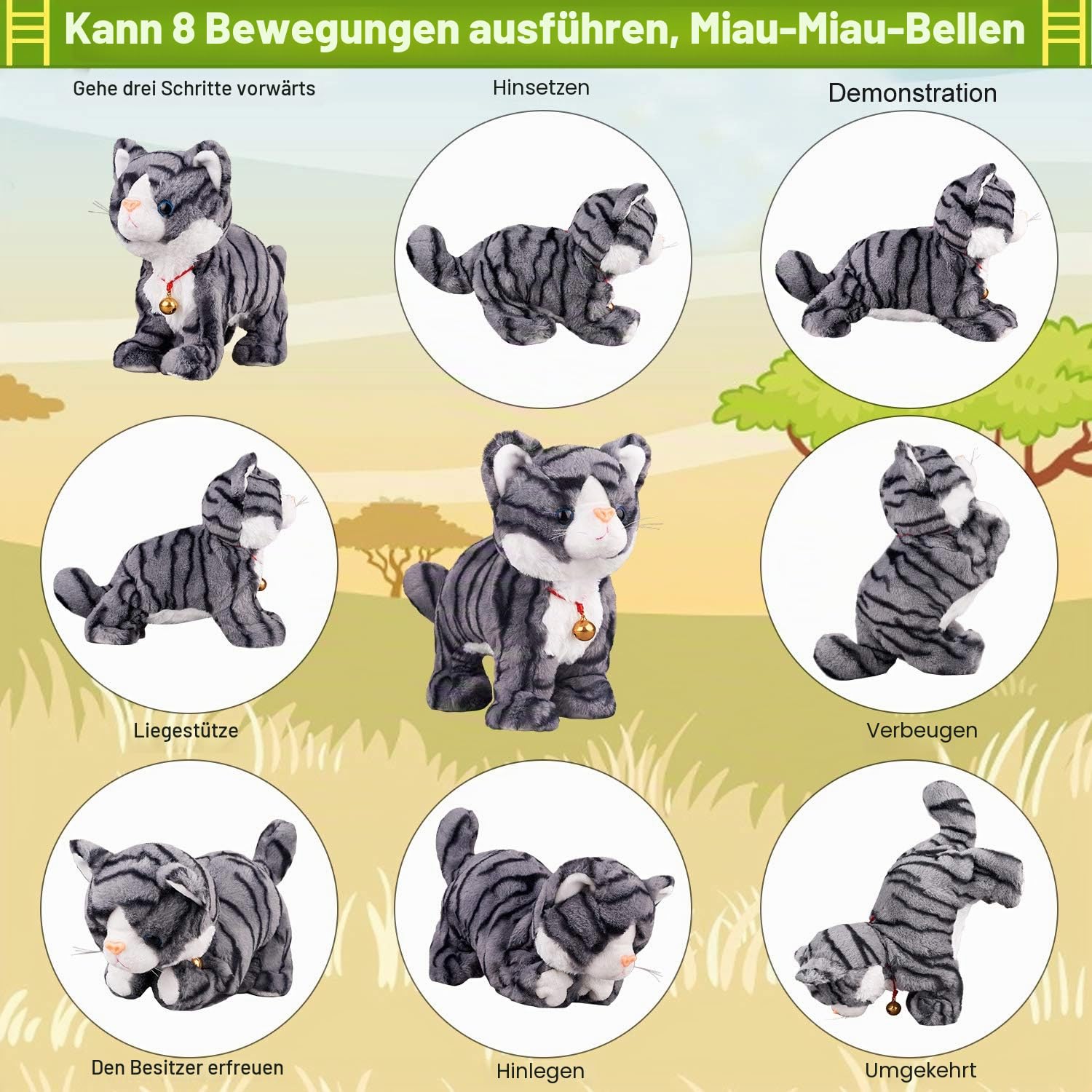 Marsjoy Interaktive Plüschkatze, Plüschtiere, graues Roboter, mit Berührungskontrolle, elektronisches Katzen-Haustier, Roboter-Katzen-Spielzeug, animiertes Spielzeug für Mädchen, Kinder, L: 30.5 cm