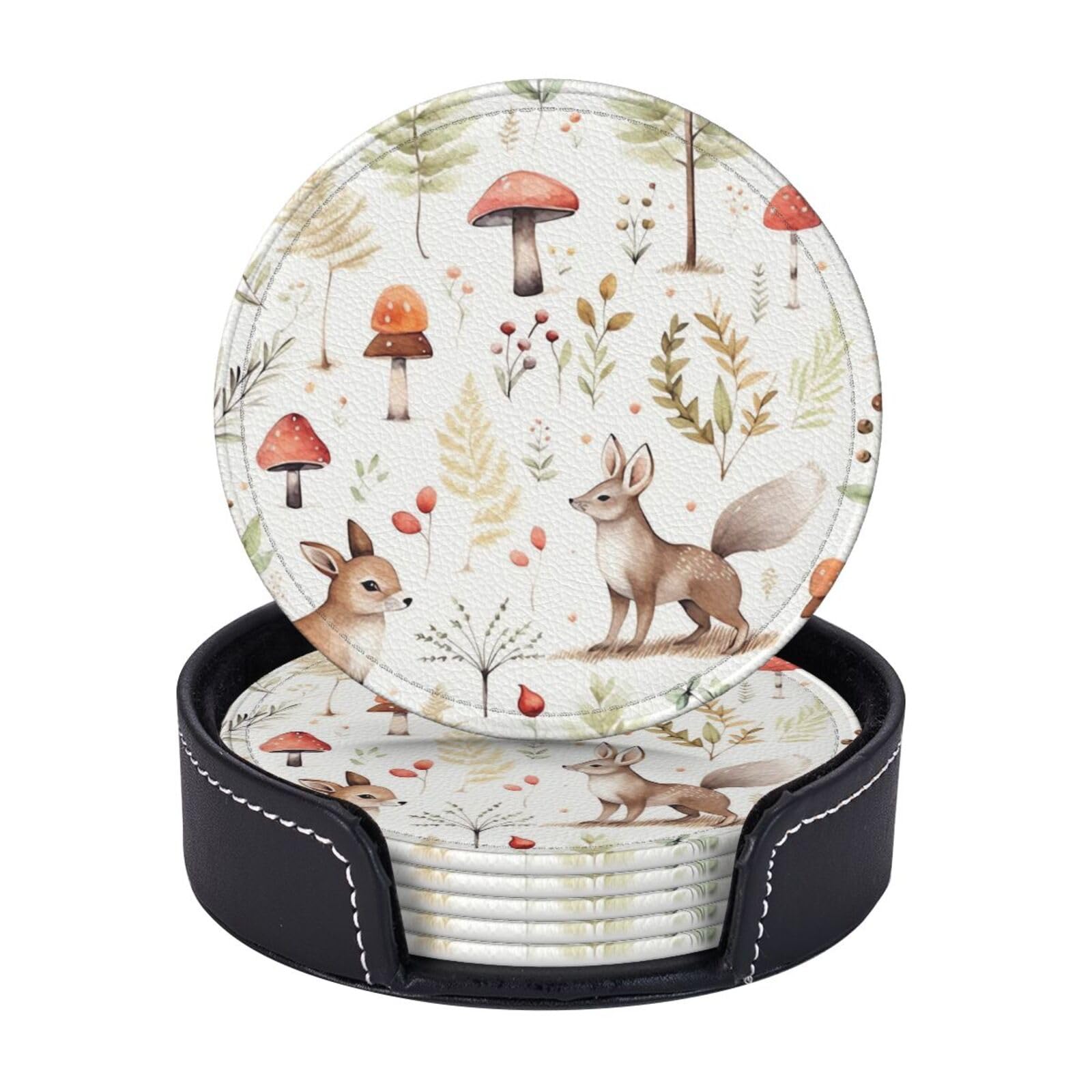 Coasters Set of 6 Leather Drink Coasters with Holder Woodland Animals Coasters for Drinks Heat Resistant Coaster Round Coffee Cup Mat Pad for Kitchen Office Home Decor