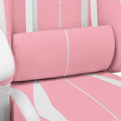 Miniatura 5 de HOFFREE Silla de juegos rosa con altavoces y luces LED, silla de masaje para videojuegos con reposapiés, silla reclinable de juegos para computadora