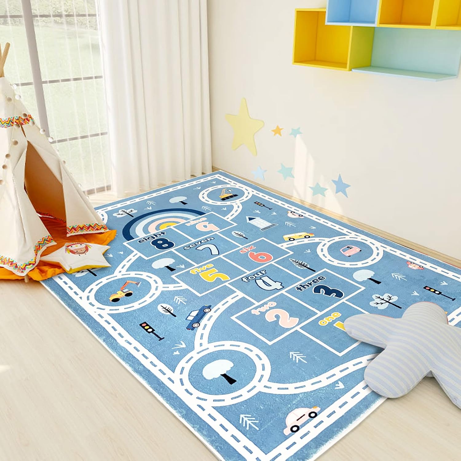 Kids Play Mat 4x6Ft Large Hopscotch Car Rug for Boys Bedroom Playroom Carpet Soft Classroom Educational Learning Area Children Rug, Blue