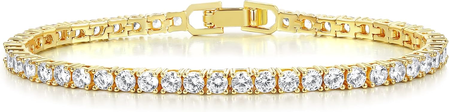 Gemsme 4 Prong Tennis Bracelet, 18K White/Yellow Gold Plated 3mm Round Cubic Zirconia Bracelet for Women Size 6-8.5 Inch