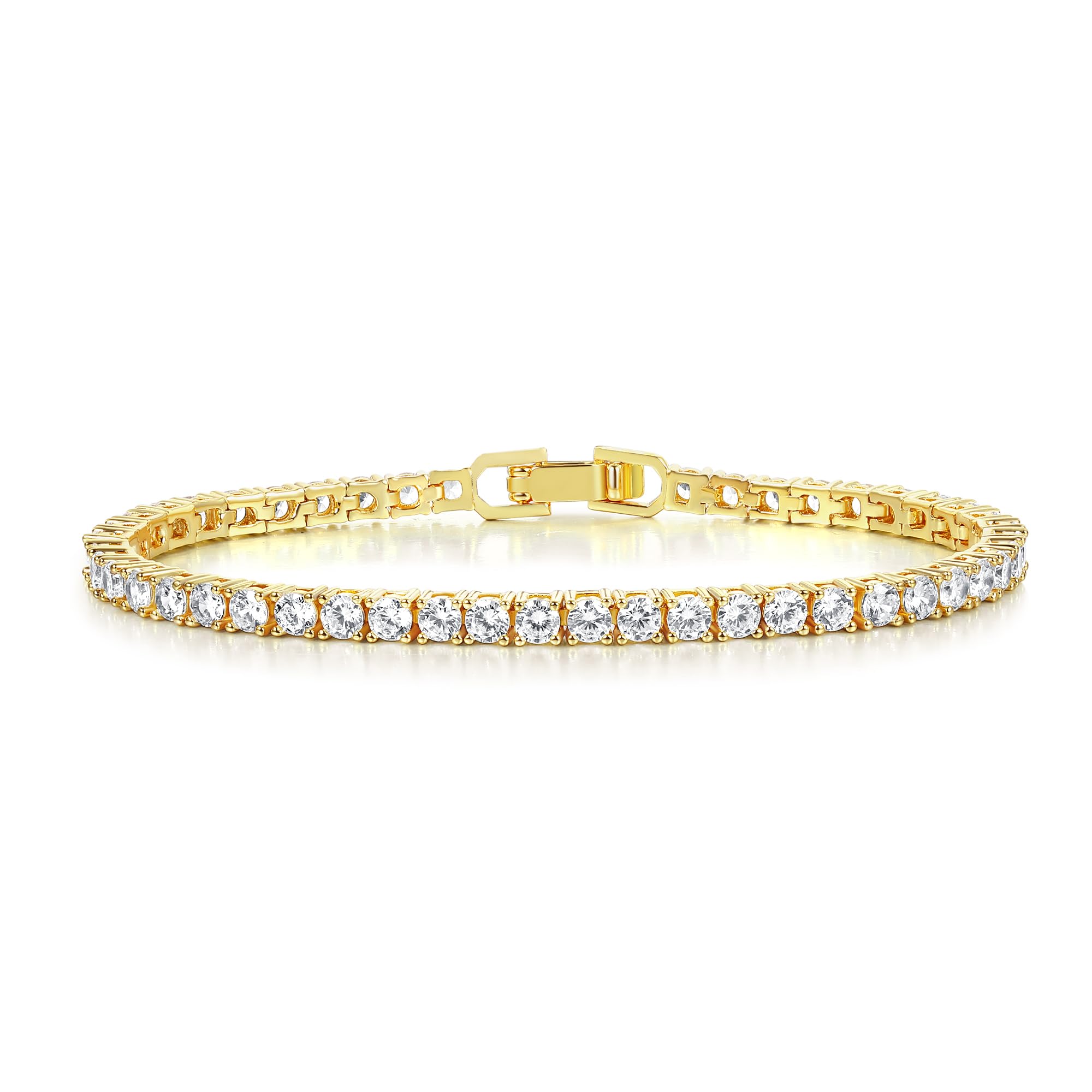 Gemsme 4 Prong Tennis Bracelet, 18K White/Yellow Gold Plated 3mm Round Cubic Zirconia Bracelet for Women Size 6-8.5 Inch