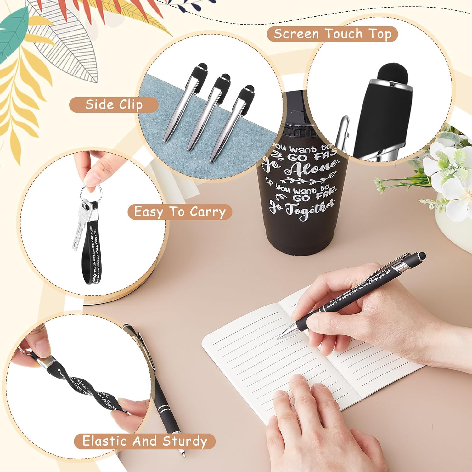 24 Sets / 96 Pcs Team Appreciation Gifts for Employee, 24 oz Inspirational Plastic Cups Bulk with Lid and Straw Notebooks Ballpoint Pens Keychain Set, Bulk Gifts for Coworkers (Black)