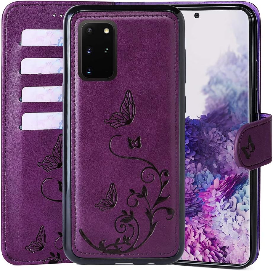 WaterFox Samsung Galaxy S20+ Plus Wallet Case with 4 Card Holder for Women, Detachable Cover Flip Folio PU Leather Wrist Strap Removable Magnetic Kickstand with Floral Flower Design for Girls - Purple