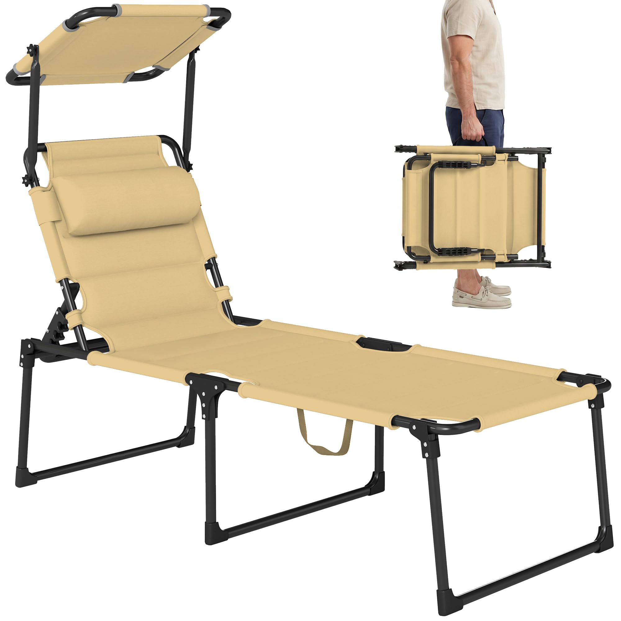 Outsunny Tumbona Plegable, Tumbona Jardín Exterior con Toldo Ajustable, Respaldo Regulable en 4 Niveles, Reposacabezas, Cojín Grueso, para Terraza, Piscina, 70x200x45 cm, Crema