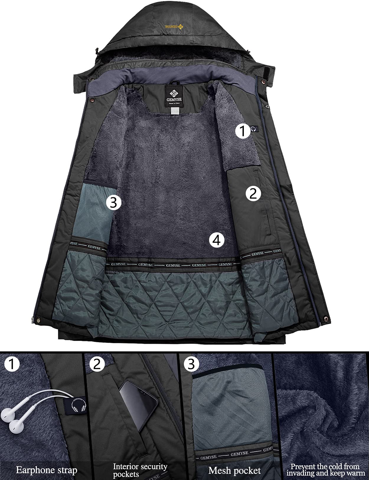 GEMYSE Chaqueta de Esquí Impermeable de Montaña para Hombre Abrigo de Invierno Antiviento con Capucha