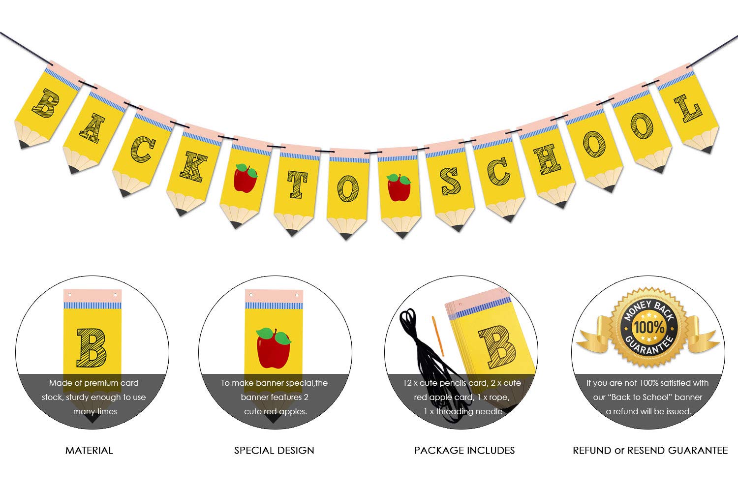 Striscione Decorativo Back To School - Banner Con 12 Matite E 2 Mele Rosse In Cartoncino - Lunghezza 3 Metri - 2