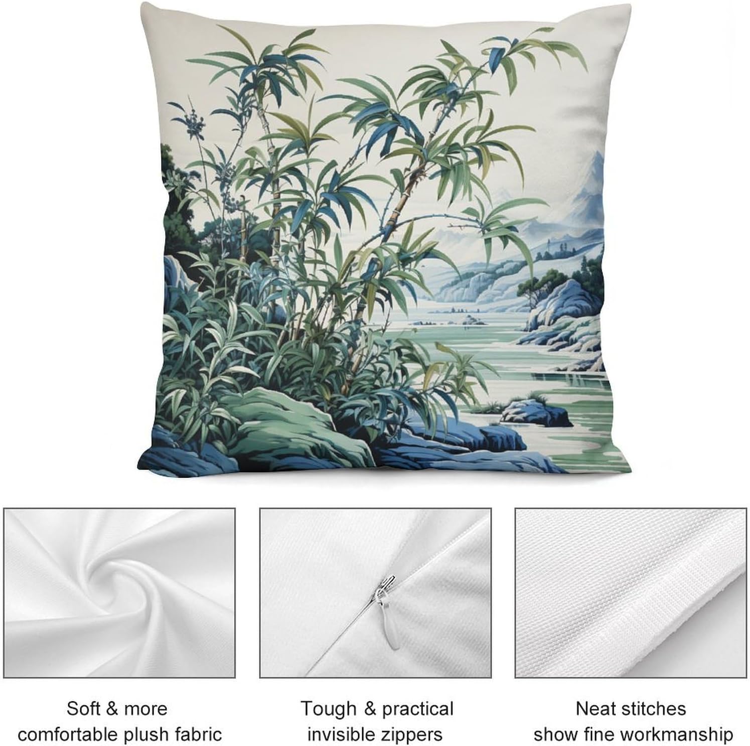 ArogGeld Chinoiserie Pillow Covers Set of 2 Blue Green and White Asian Scenic Cushion Cover Green Bamboo and Flower Throw Pillows Decorative Short Plush Pillowcases for Bedroom 26"x26"
