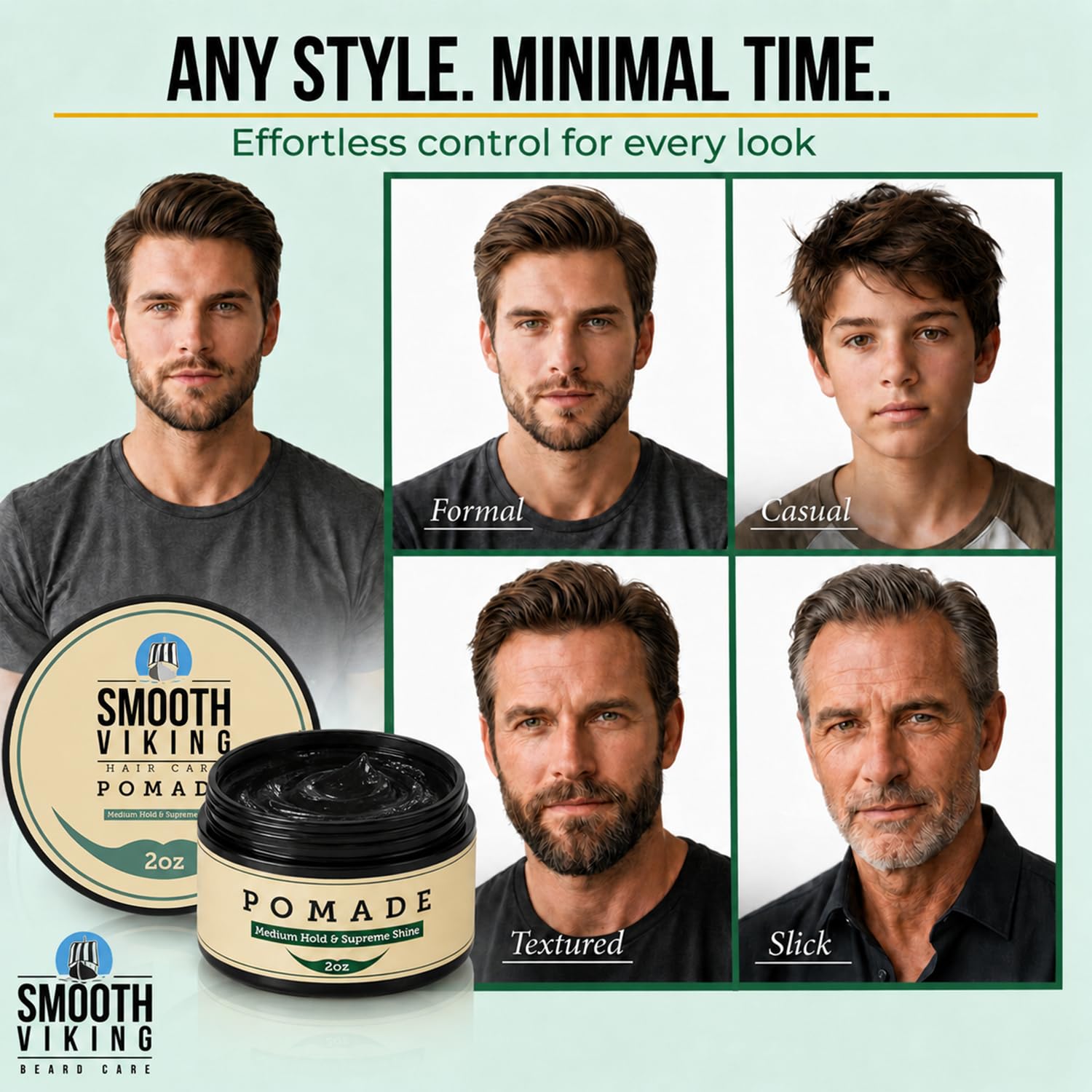 Smooth Viking Medium Hold & High Shine Pomade - Water Based Hair Cream for Curly, Thick & Straight Hair - Men's Hair Product - Made in USA, 2oz
