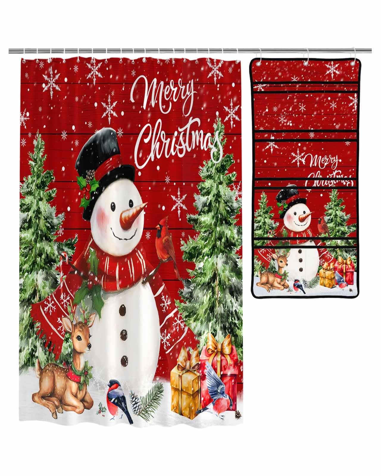 Decorative Shower Curtain Sets Merry Christmas Fabric Waterproof Shower Curtains Xmas Tree Snowman Snowflake Red Wooden Grain Mesh