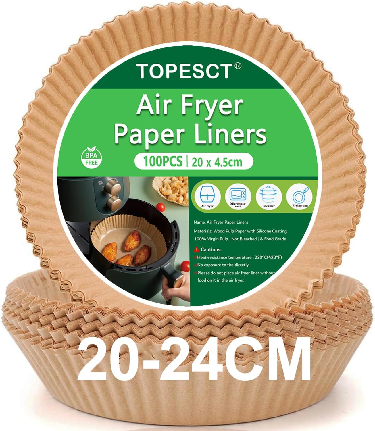 100 Pack 20cm Disposable Air Fryer Liners | Non-Stick Greaseproof Parchment Paper | Compatible with 4.5L-8L Baskets (Cosori, Tefal, Russell Hobbs & More)