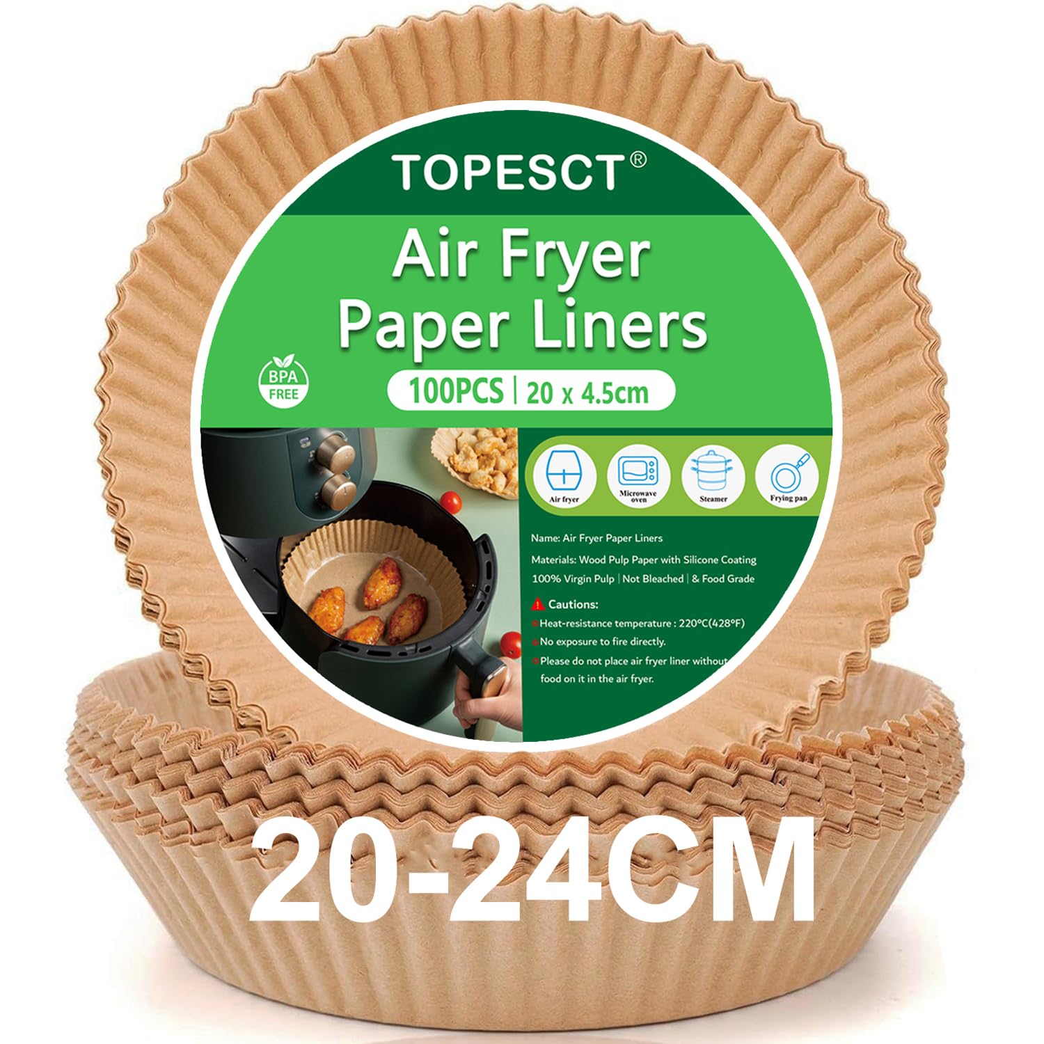 100 Pack 20cm Disposable Air Fryer Liners | Non-Stick Greaseproof Parchment Paper | Compatible with 4.5L-8L Baskets (Cosori, Tefal, Russell Hobbs & More)