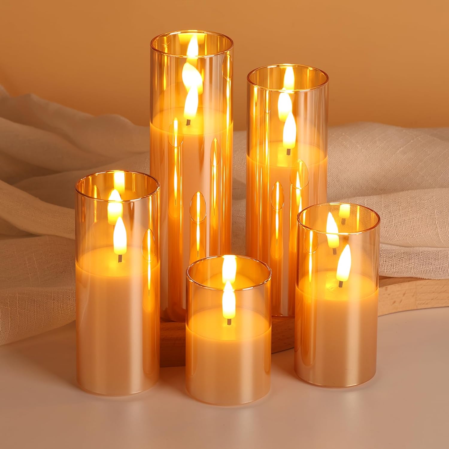 Gold Glass Flameless Candles with Remote Batteries, Flickering Slim LED Pillar Candles Christmas Holiday Decor Set of 5