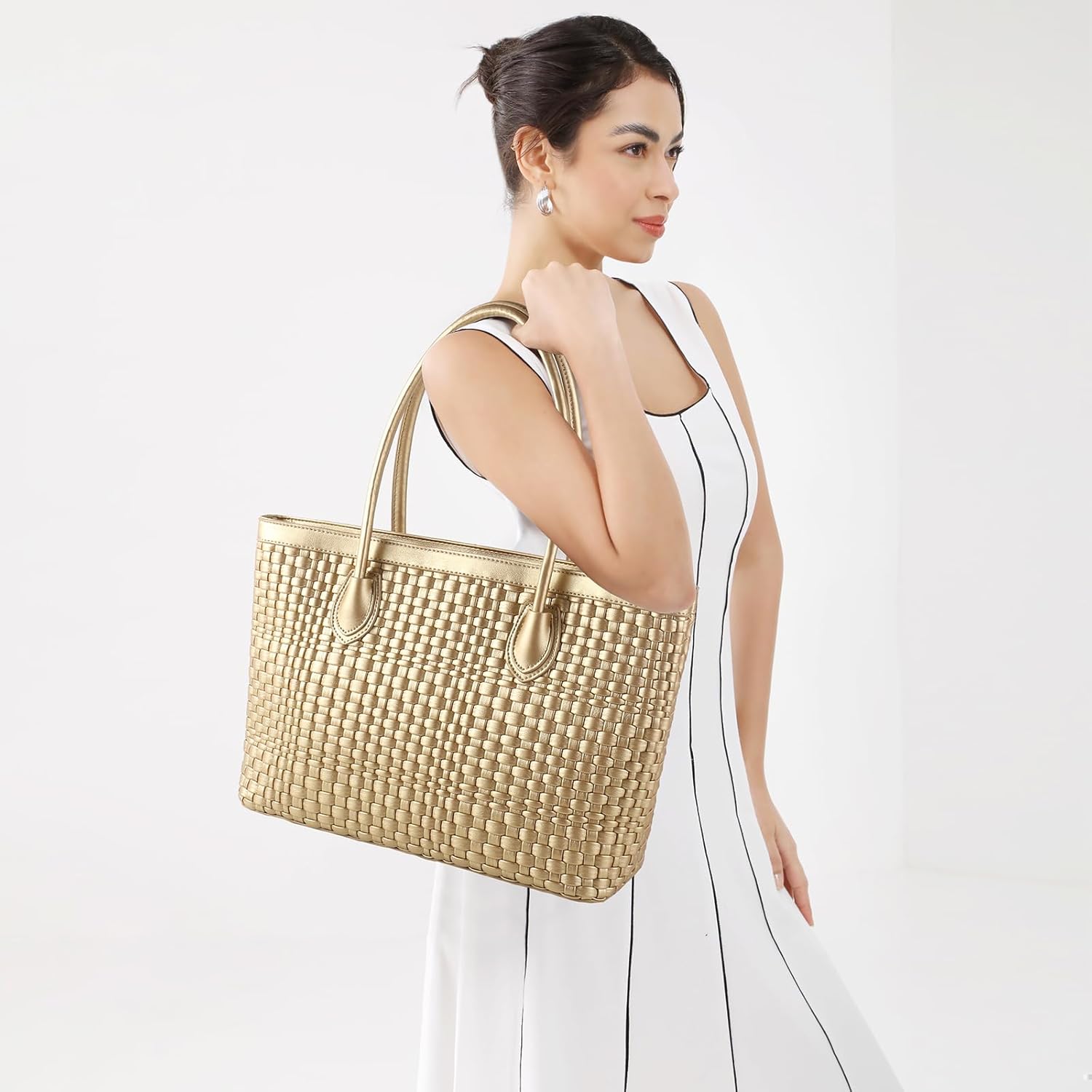 Woven Tote Bag For Women Hand Make Vegan Leather Shoulder Bag Handbag Zip Closure Beach Tote Travel Hand Bag - Image 2