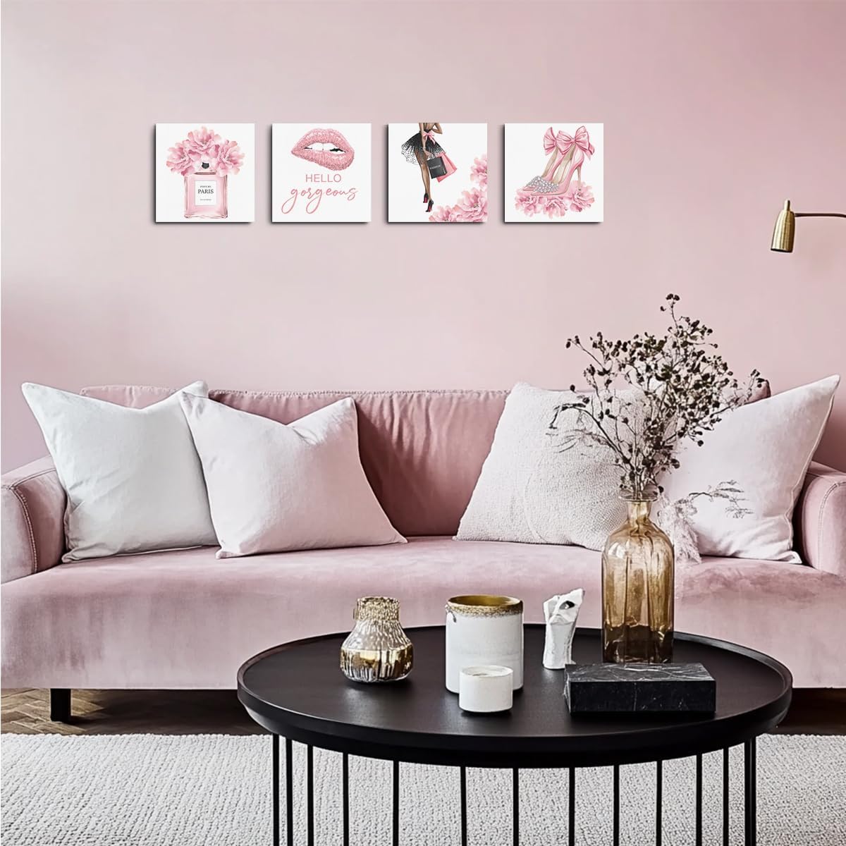 4 Pcs Pink Fashion Canvas Wall Art, Perfume High Heels Lipstick Beauty Wall Decor, Aesthetic Framed Posters Art Prints Artwork Pink Pictures for Women Girls Room Apartment Vogue Living Room Decor
