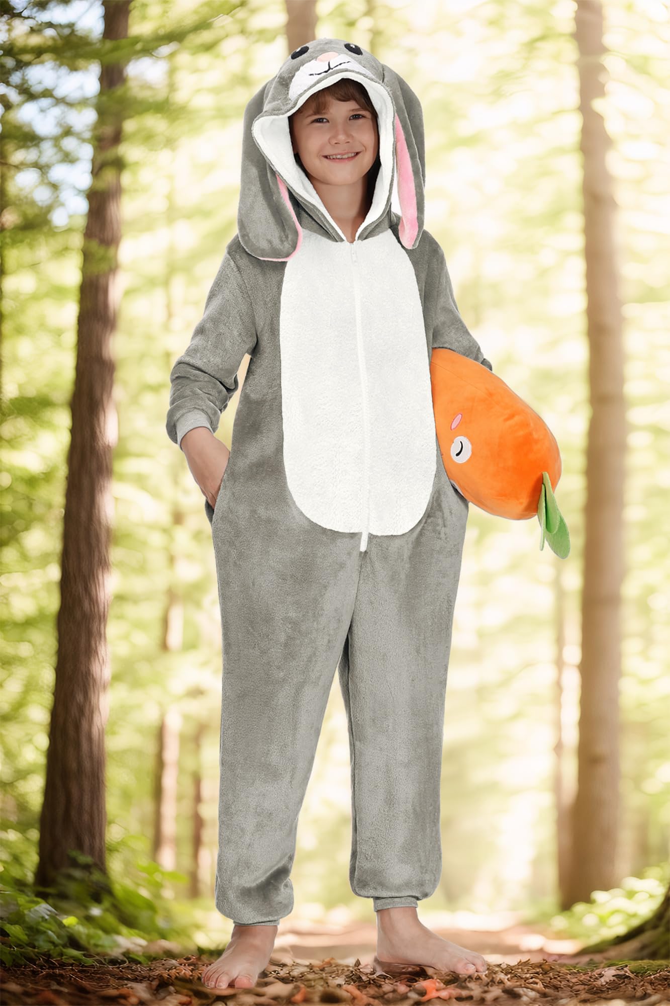 BesserBay Tuta intera unisex per bambini, con cappuccio, per Halloween, coniglietto peloso, 4-14 anni, Grigio | Tuta Coniglio, 8 anni