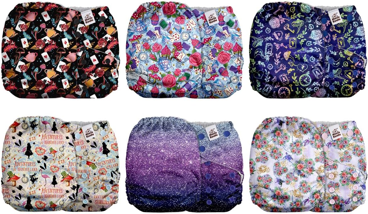 Mama Koala 2.0 Cloth Diapers for Babies with Suede Cloth Lining, 6 Pack with 6 Natural Cloth Diaper Inserts - Reusable and Washable Pocket Diapers (The Elegant Set)