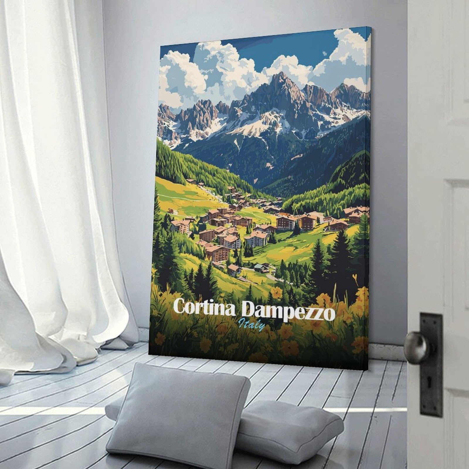 Junmoney Cortina DAmpezzo Mountain Village Home Decor Wall Art, 20x30inch(50x75cm), for Bedroom, Lounge Or Dressing Area, Canvas Wall Decor for Personal Spaces