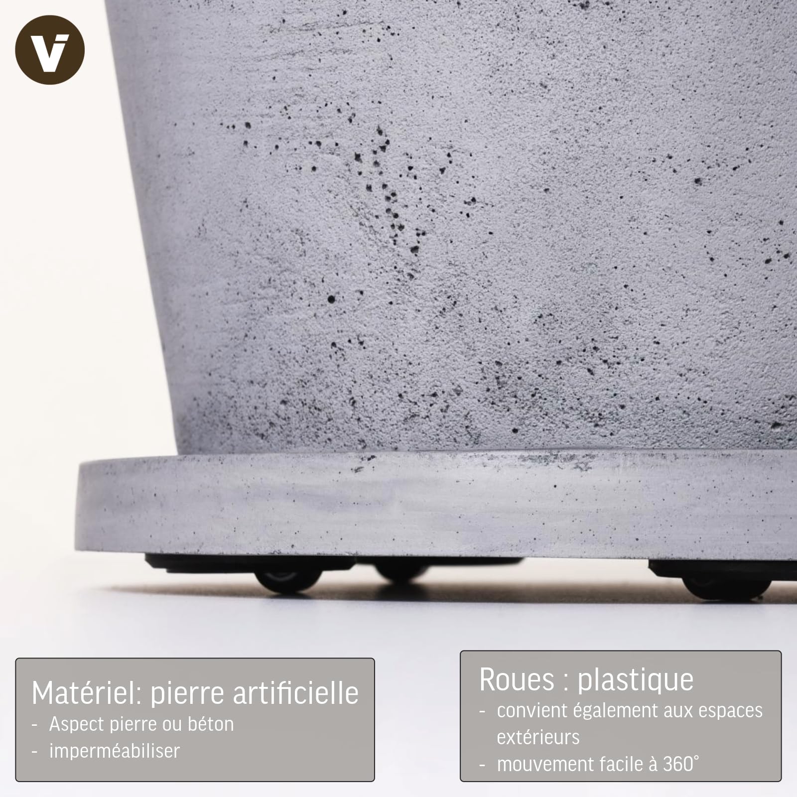 VIVANNO Dessous de Plat à roulettes Rouleau pour Plantes Rond Pierre Artificielle Gris Movo - 4 x 36 cm
