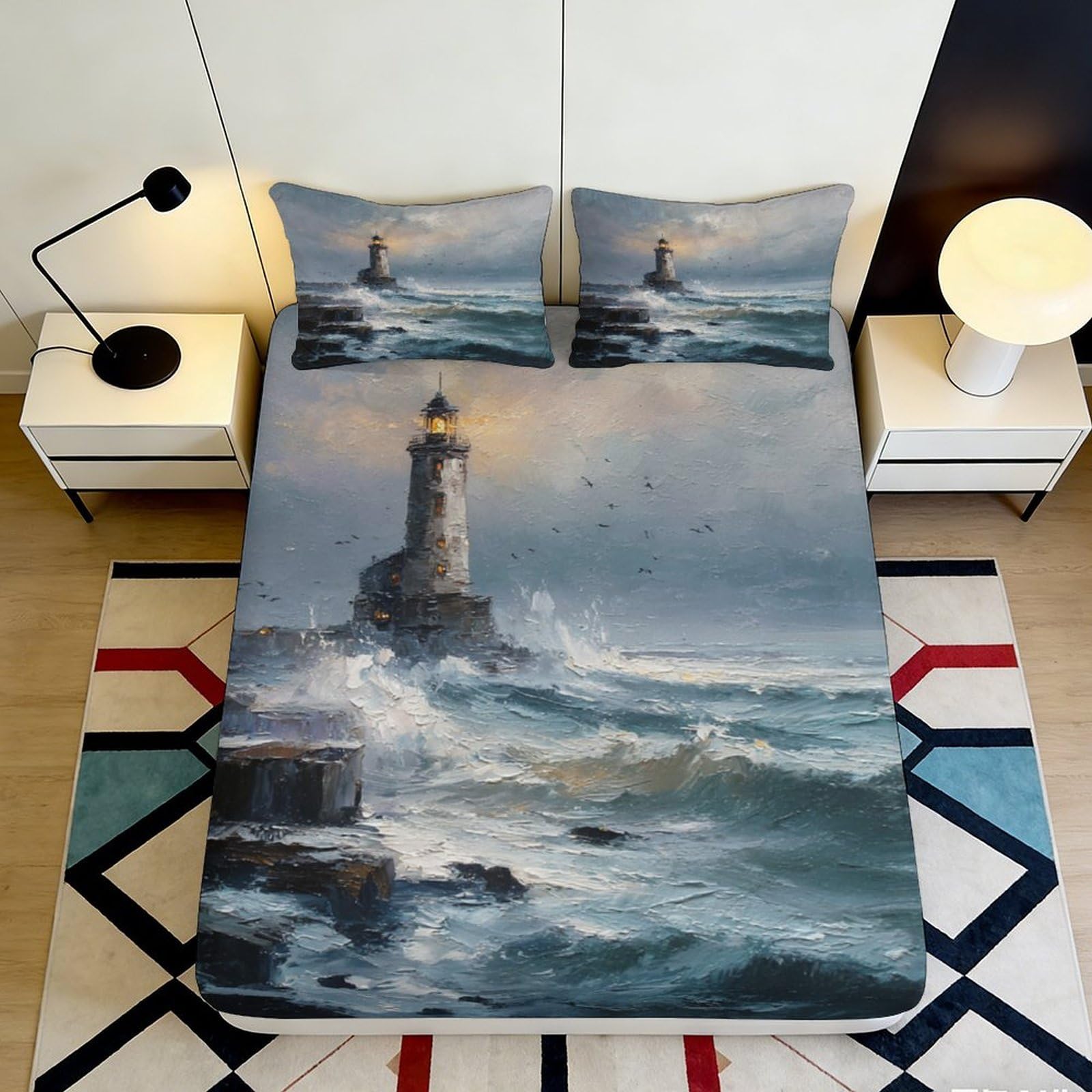 3D Printed Lighthouse Ocean Fitted Sheet Microfiber Deep Pocket Non-Slip Lighthouse Mattress Fitted Cover Bedroom Washable 90x200x25cm