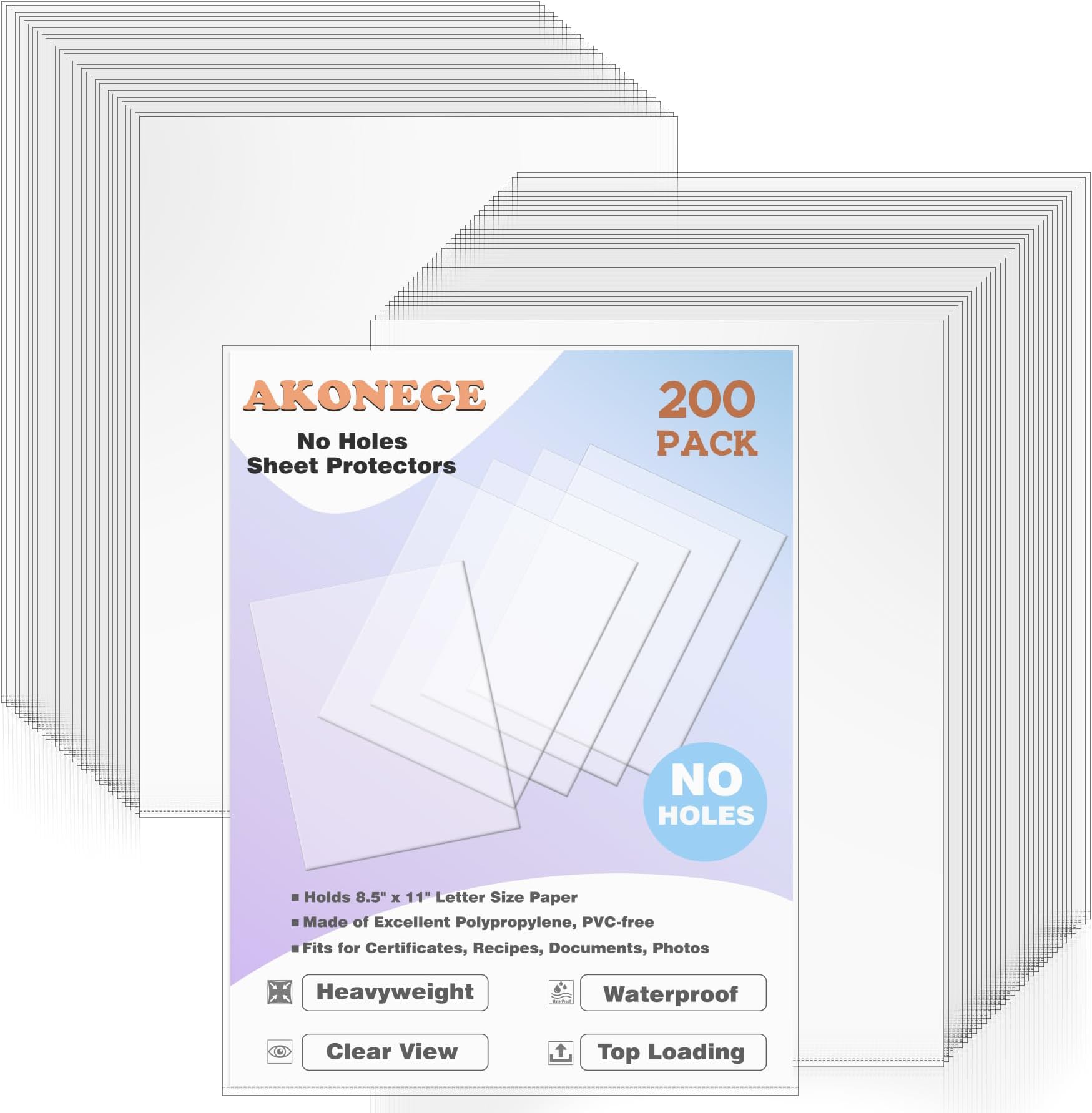 AKONEGE 200 Pack No Holes Sheet Protectors 8.5 x 11 Inch Letter Size Page Protectors for Documents, Prints, Top Loading Heavyweight Clear View Plastic Sleeves for Papers, Artworks, Photos