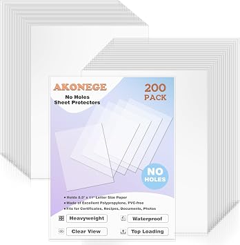 AKONEGE 200 Pack No Holes Sheet Protectors 8.5 x 11 Inch Letter Size Page Protectors for Documents, Prints, Top Loading Heavyweight Clear View Plastic Sleeves for Papers, Artworks, Photos