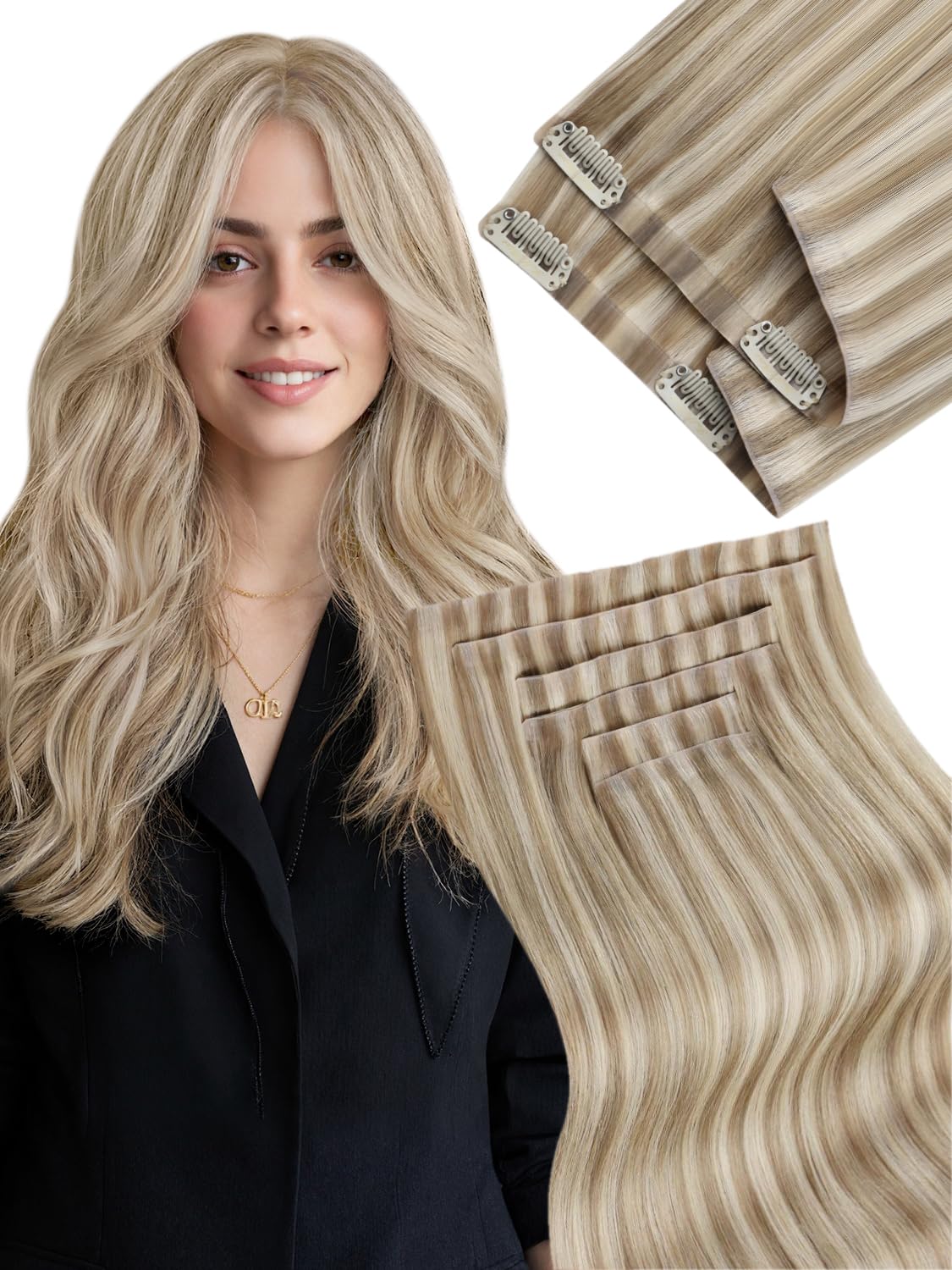 Fshine Extension Capelli Veri Clip Invisibile PU 50 cm 110 g 6 pcs Fissaggio ad alta Densità Biondo Cenere Chiaro Lisci Umani Estensione Clips Confortevole Compleanno Colore 16P22