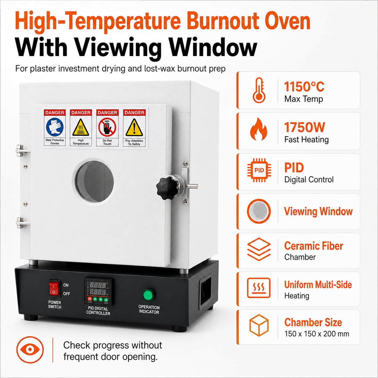 Horno eléctrico para cerámica y preparación de fundición, Horno de mufla 1150 °C con Control PID, Ventana Frontal y cámara aislada de Fibra cerámica