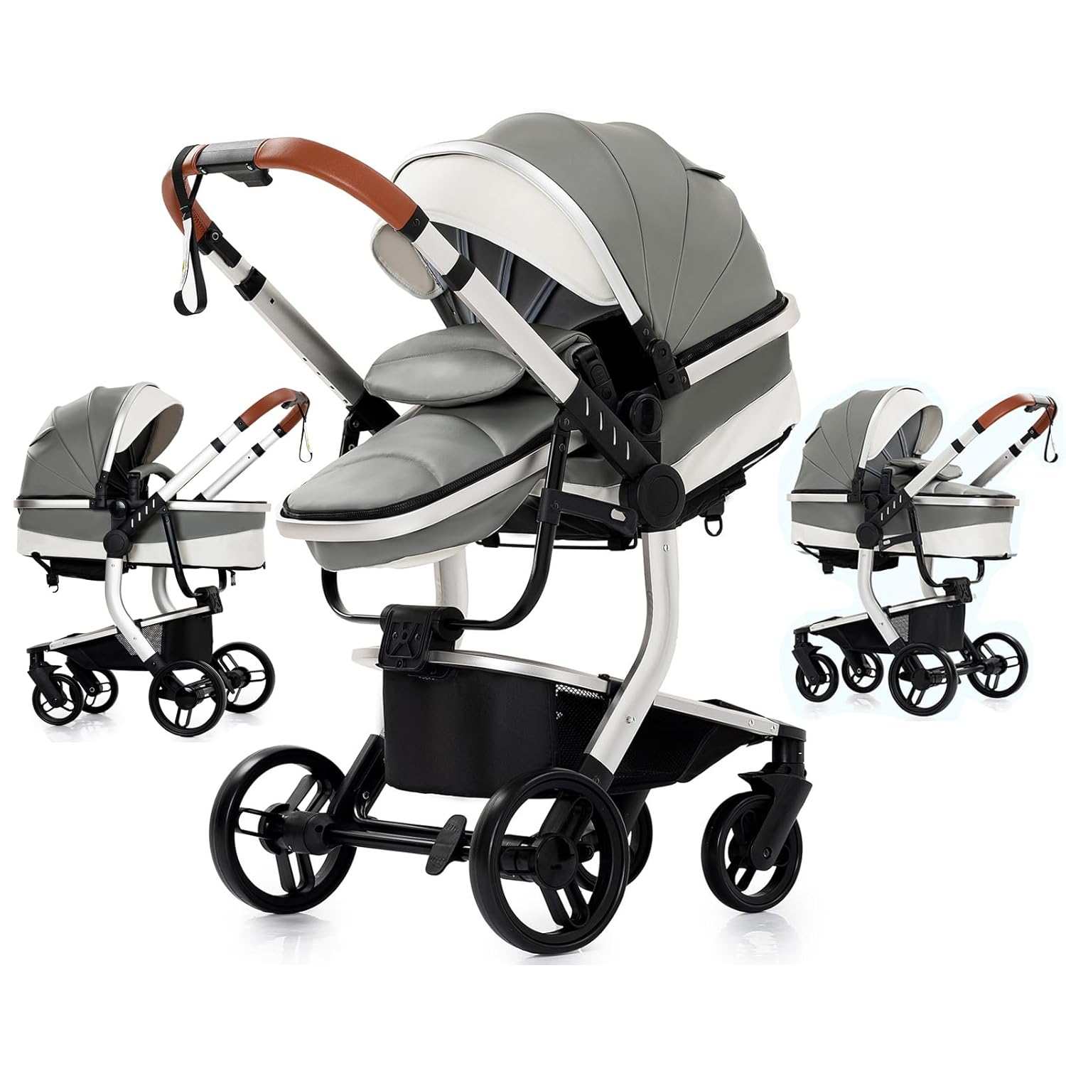 PU Leather 2 in 1 Baby Stroller, Reversible Newborn Foldable Pram, Infant High Landscape Pushchair, Portable Standard Stroller, Reclining Buggy, Baby Carriage (2US518-Grey)