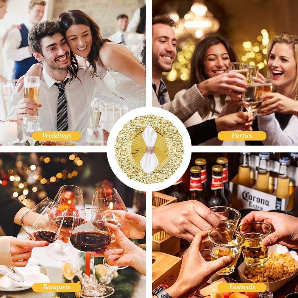 Set of 12 Gold Charger Plates and 12 Napkin Rings, 13-Inch Heavy-Duty Stackable Chargers for Dinner Plates, Perfect for Wedding & Party Table Settings