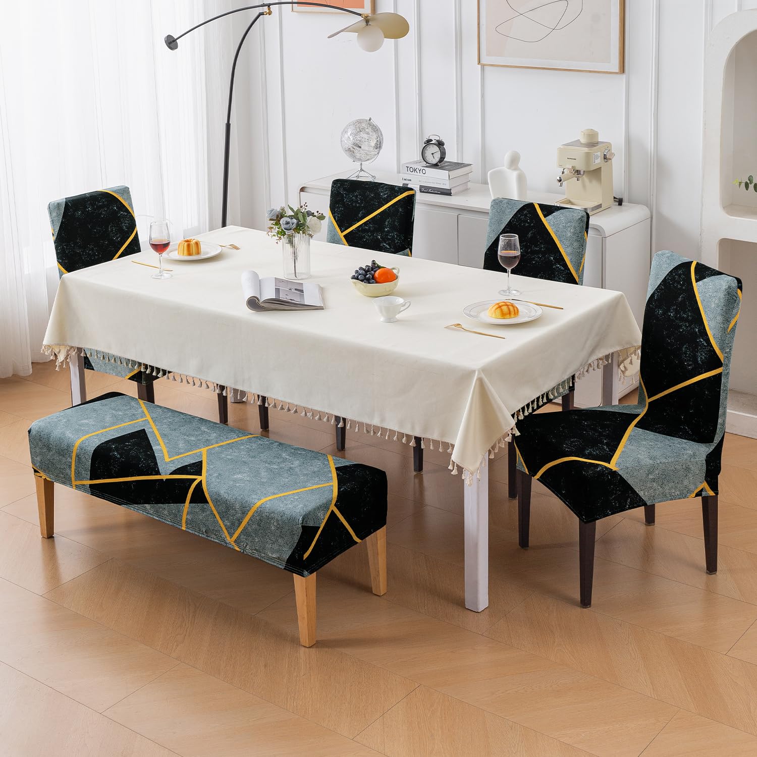 HOKIPO Dining Chair Covers - Beige Abstract Art -14