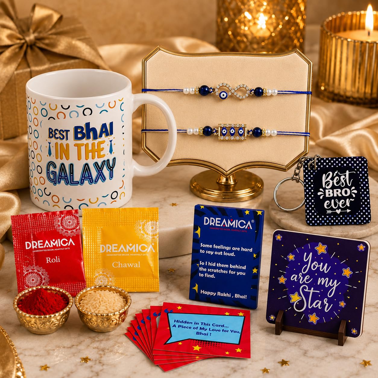 Dreamica Rakhi Gift Combo for Brother | Printed Mug with 2 Designer Rakhi, Desktop Frame Standee, Keychain, 8 Scratch Cards, Greeting Card & Tilak Set | Raksha Bandhan Hamper (Rakhi-135)-image-10