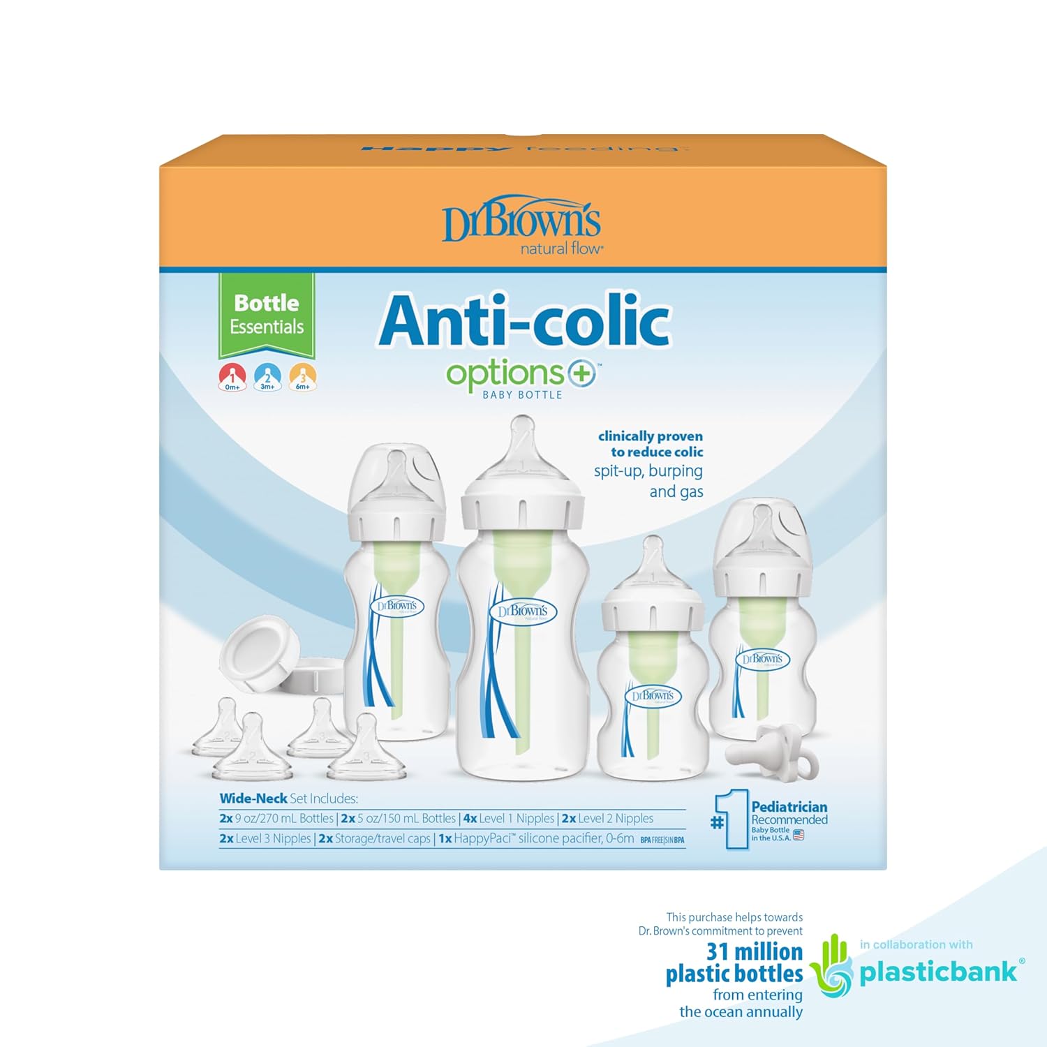 Dr. Brown's Anti-Colic Options+ Wide-Neck Bottle Essentials Gift Set with Breast-Like Nipple Shape, 100% Silicone Happy Paci Pacifier and Baby Bottle Travel Caps