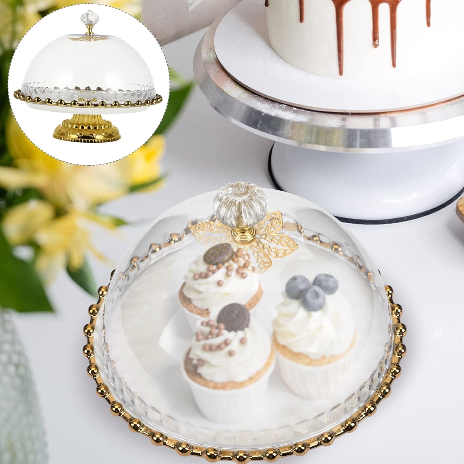 Cabilock White Round Ceramic Cake Stand with Glass Dome, 8 Inch