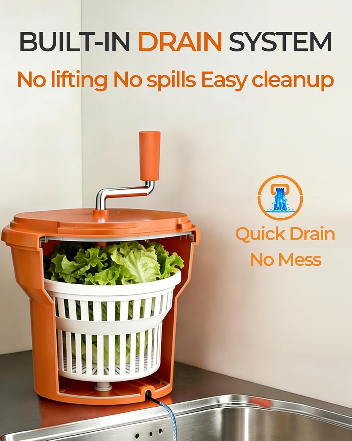 Commercial Salad Spinner - 6 Gallon Salad Dryer with Silicone Anti-slip Mat & Draining Hose, 24Qt Manual Spinner for up to 7 Heads of Lettuce, Large for Catering