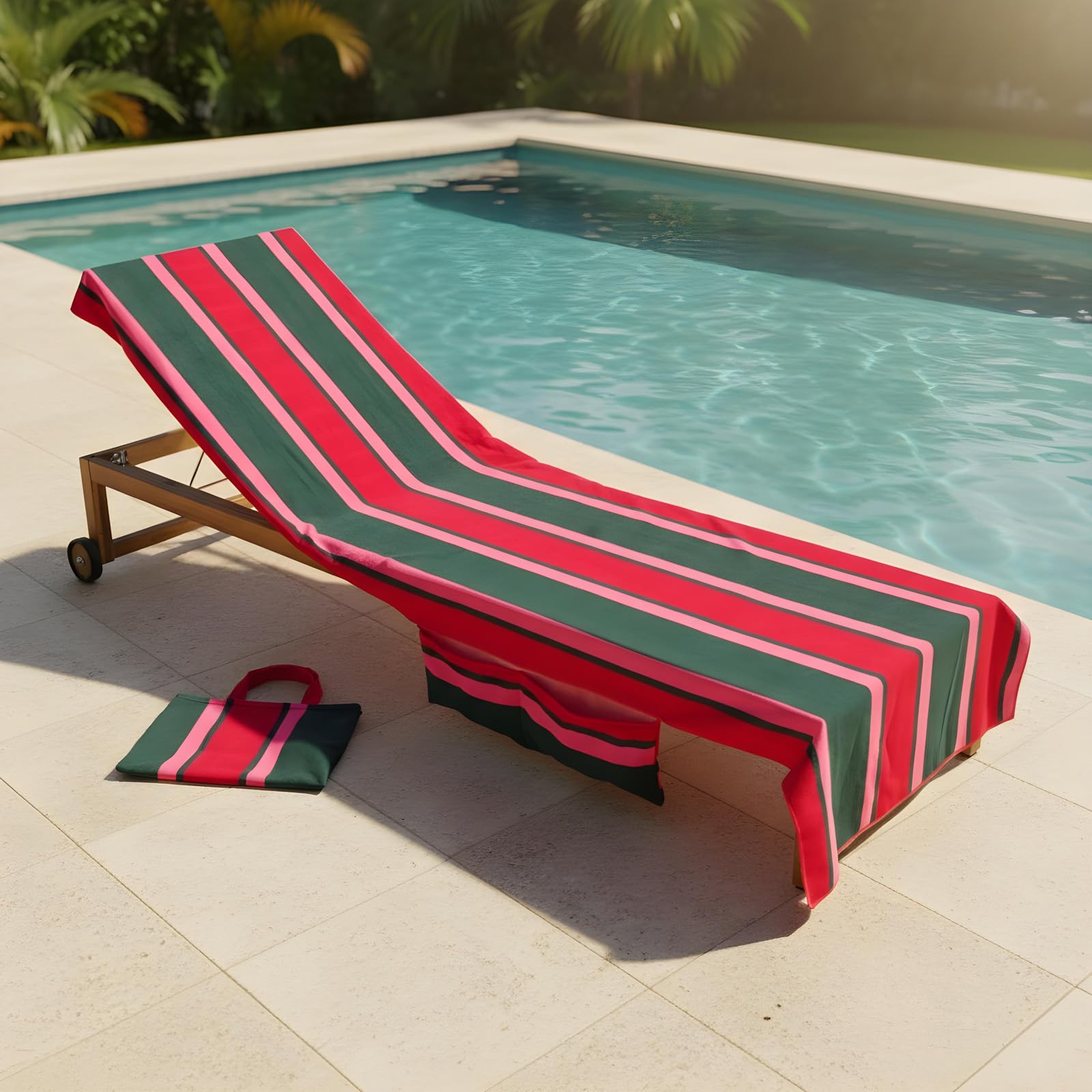 Ohs Green/Red Sun Lounger Towel With Pockets, Soft Absorbent Summer Holiday Essentials Stripe Beach Towels For Adults Lightweight Quick Dry Large Microfibre Beach Towel, - 75 X 215Cm