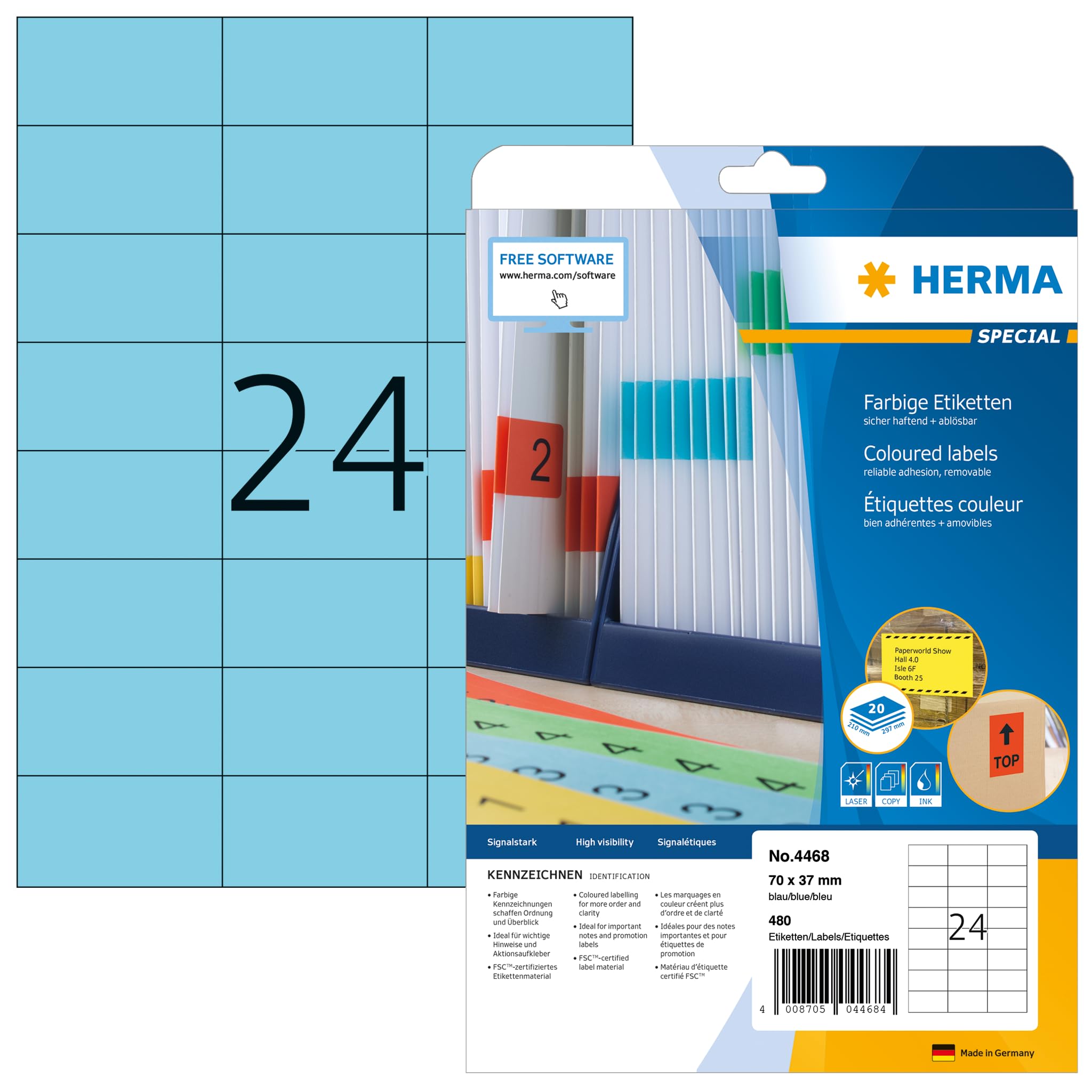 HERMA Self Adhesive Coloured Labels, 24 Labels per A4 Sheet, 20 Sheets, 70 x 37 mm, 480 Labels, Blank Removable Colour Labels Stickers, Sticky Labels for Laser & Inkjet Printer, Blue