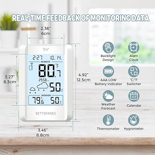 Miniatura 2 de Termómetro para interiores y exteriores, estación meteorológica inalámbrica con rango de 330 pies, sensor de extracción interior exterior,