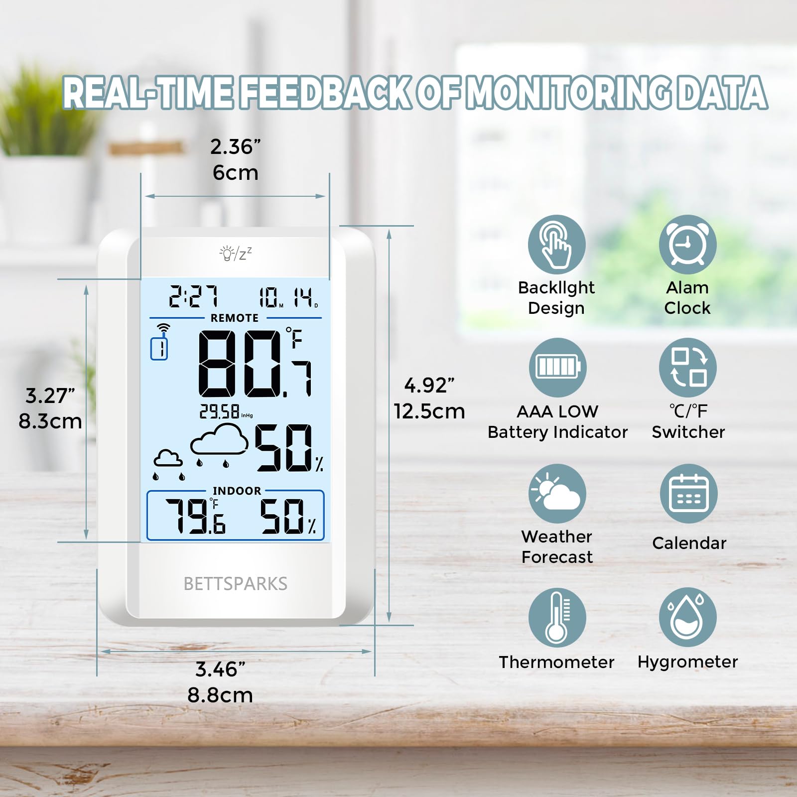 Termometro per interni ed esterni, stazione meteo wireless, termometri interni ed esterni, con sensore remoto da 100,6 m, display retroilluminato alimentato a batteria