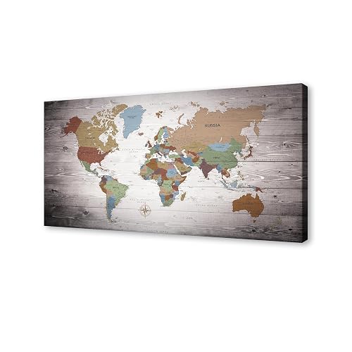 B0662 Vintage World Map Wall Art on Rustic Wood Background