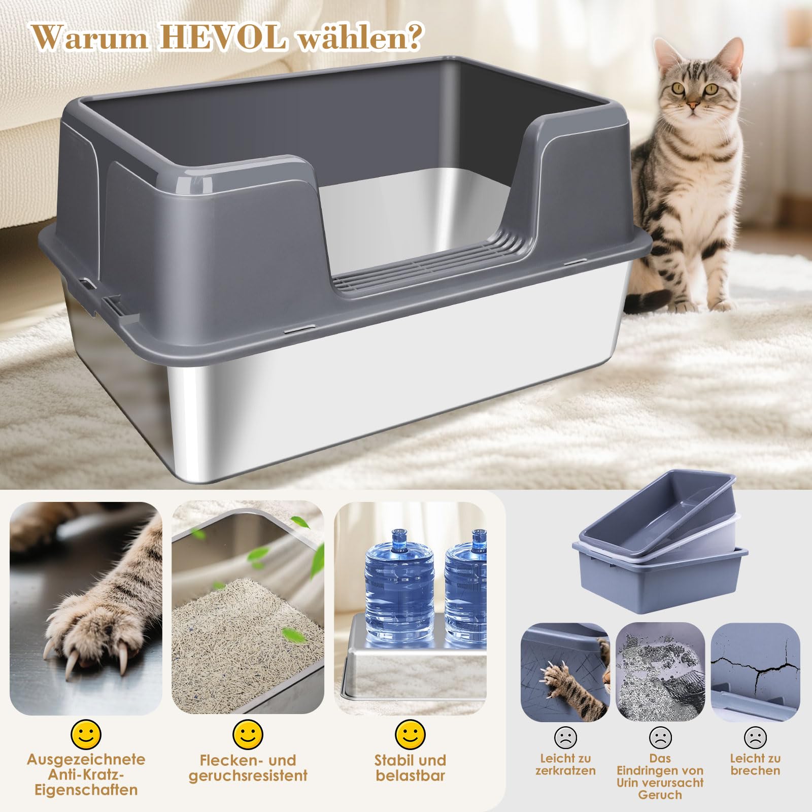 Katzenklo Edelstahl Mit Deckel Xxl XXL Edelstahl Katzentoilette(60×40×20c), Katzenklo XXL Nieals Gerüche Katzenklo Xxl Große Katzen Edelstahl Katzenklo