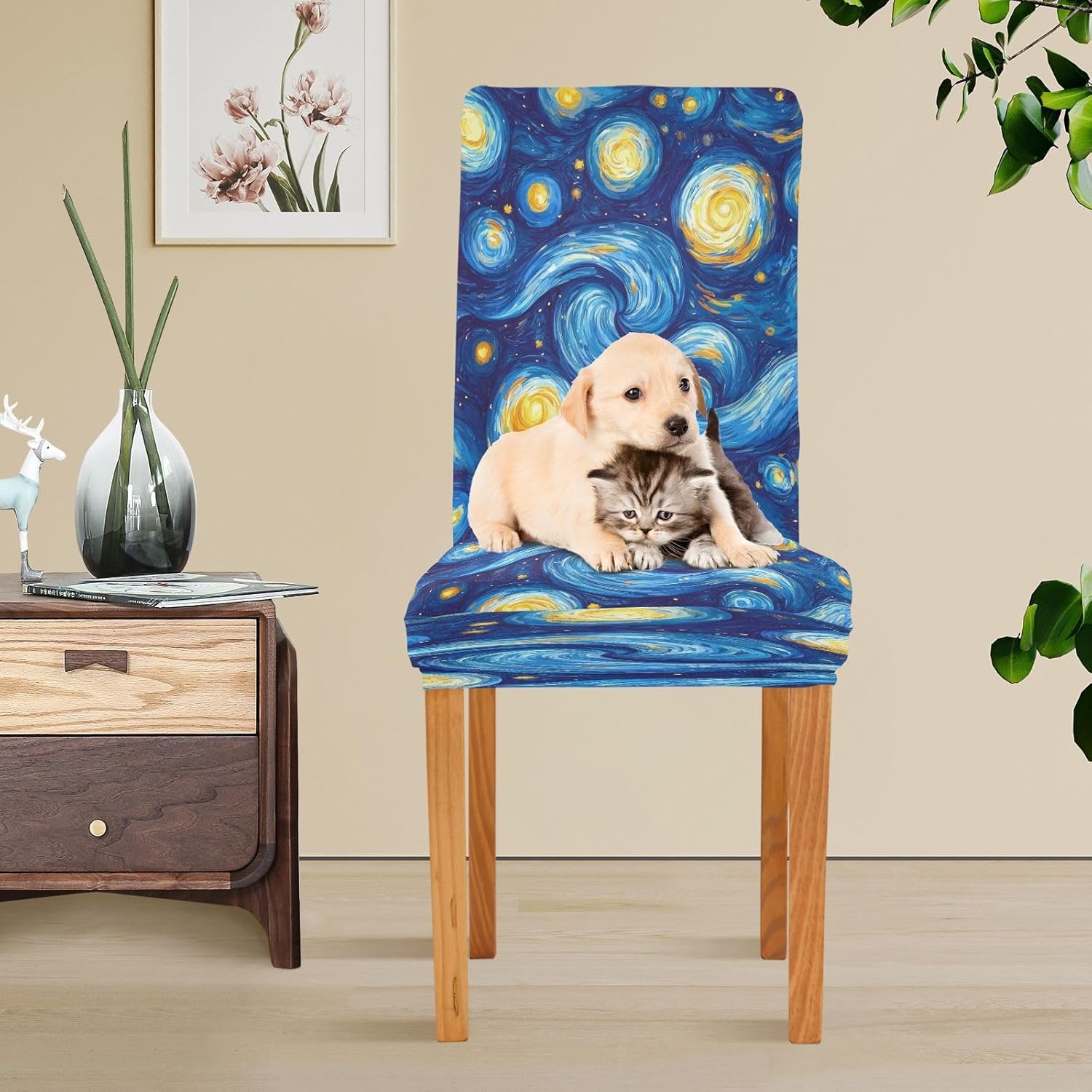 Van Gogh Style Starry Night Dining Chair Covers 4 Pack Stretch Chairs Slipcovers Removable Seat Protector Cover