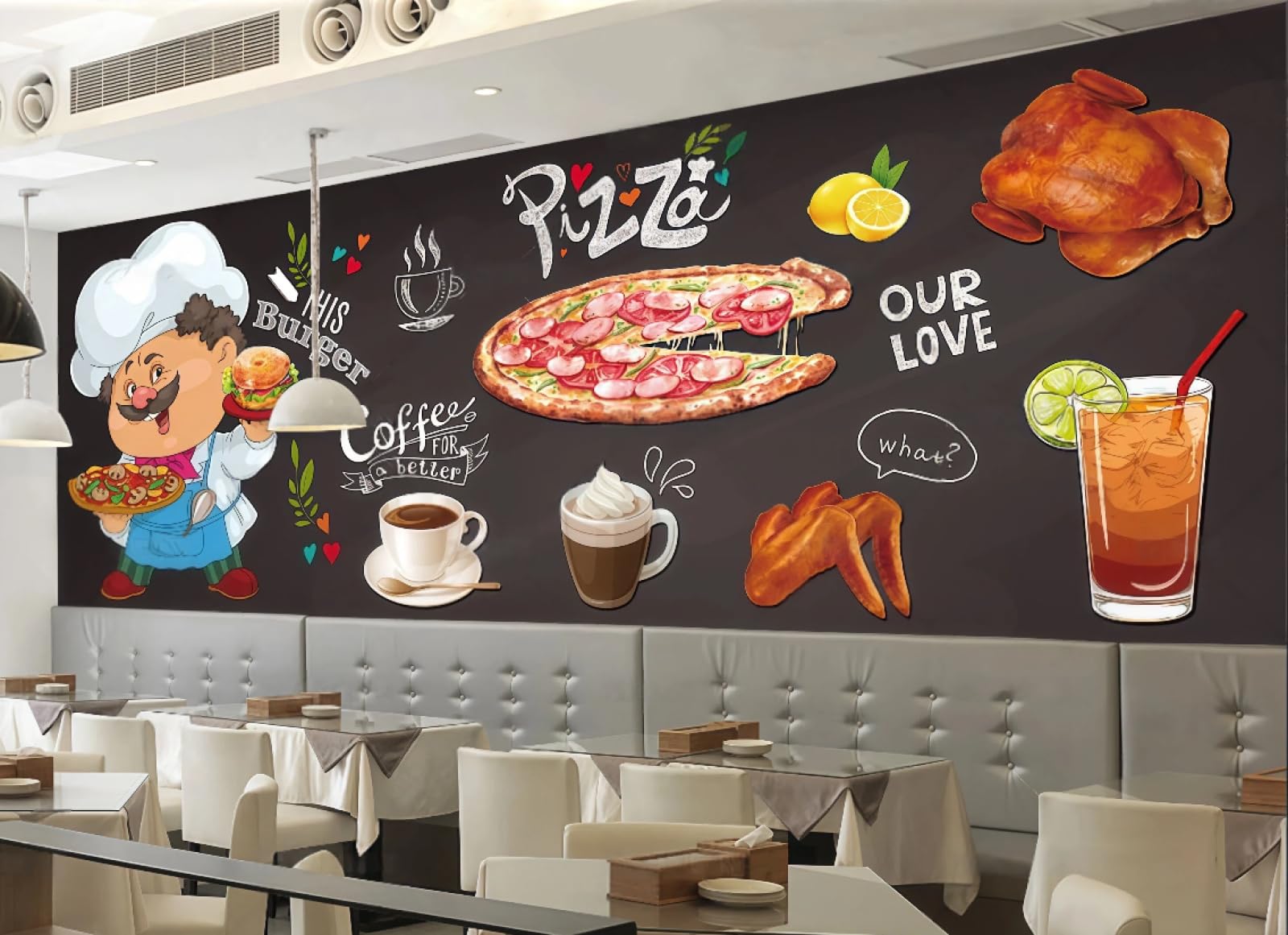 rskjdghshd Wallpaper Retro Blackboard Hand-Painted Burger Fried Chicken Pizza Shop Afternoon Tea Background Wall Western Restaurant Wallpaper Cafe Mural,3D,250x175cm