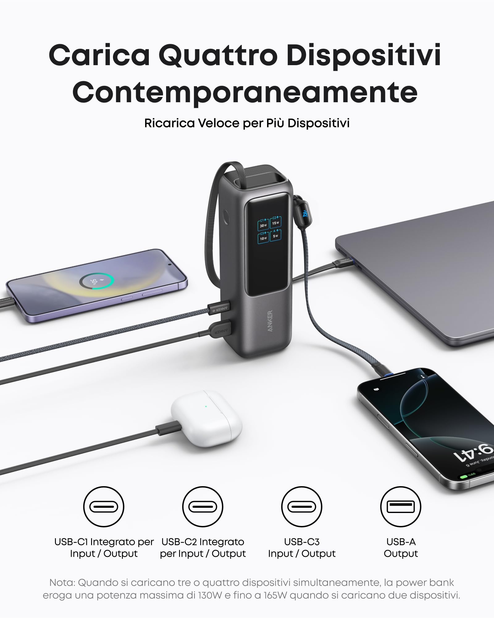 Anker Laptop Power Bank 25000mAh 165W USB C Caricatore Portatile con Cavi Integrati per iPhone 17 Pro Max MacBook Samsung