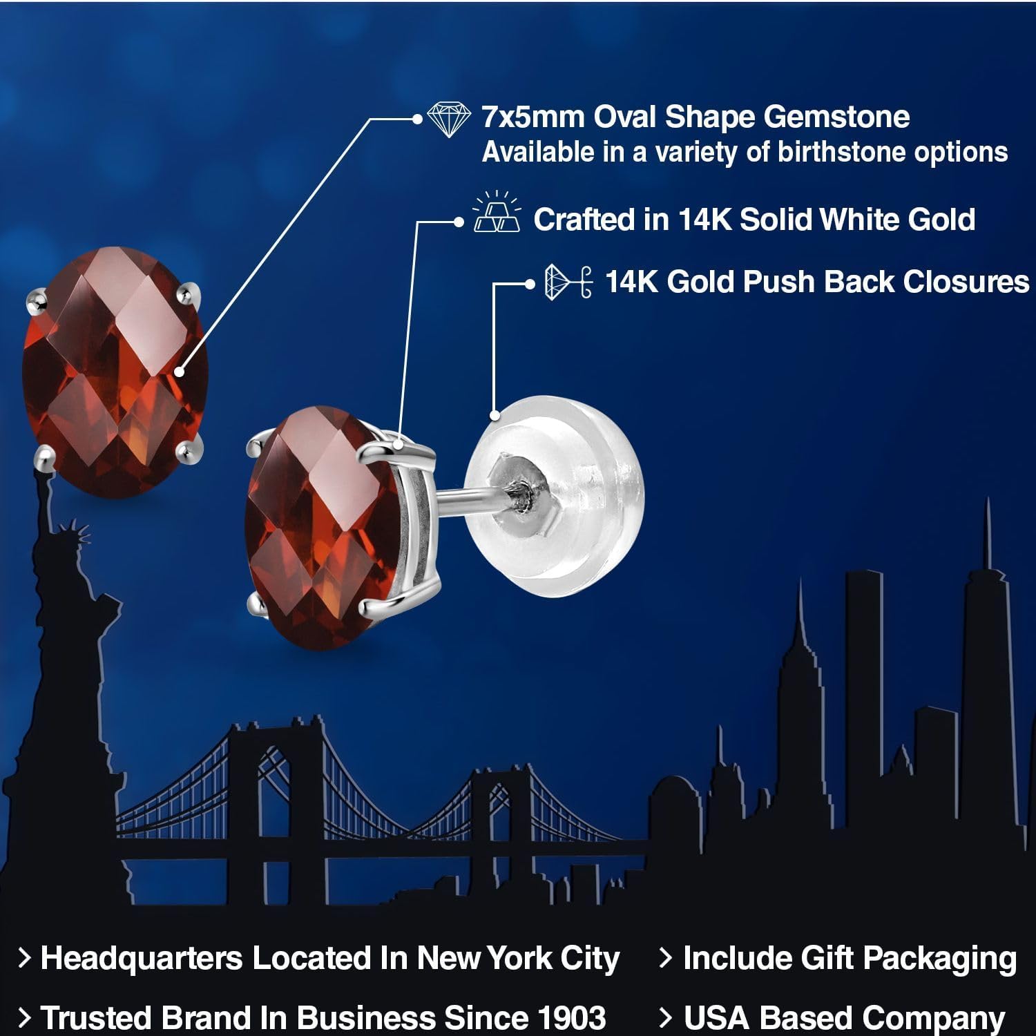 Gem Stone King 14K White Gold Red Garnet Stud Basket Setting Earrings For Women Men (1.60 Cttw, Gemstone January Birthstone, Oval Checkerboard 7X5MM) - Image 2