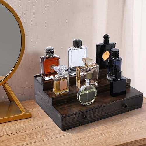 Miniatura 7 de Organizador de colonia para hombres, soporte de colonia de 3 niveles con cajón y compartimento oculto, estante de colonia de madera para soporte de