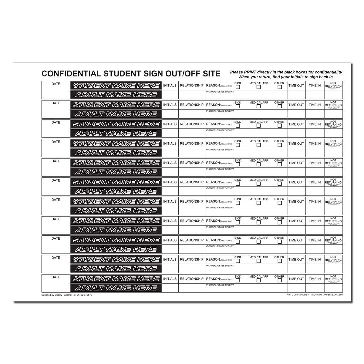 Cherry NCR Confidential Student Sign Out/Off Site NCR Duplicate Refill Pack A4 50 Sets for Binder Carbonless