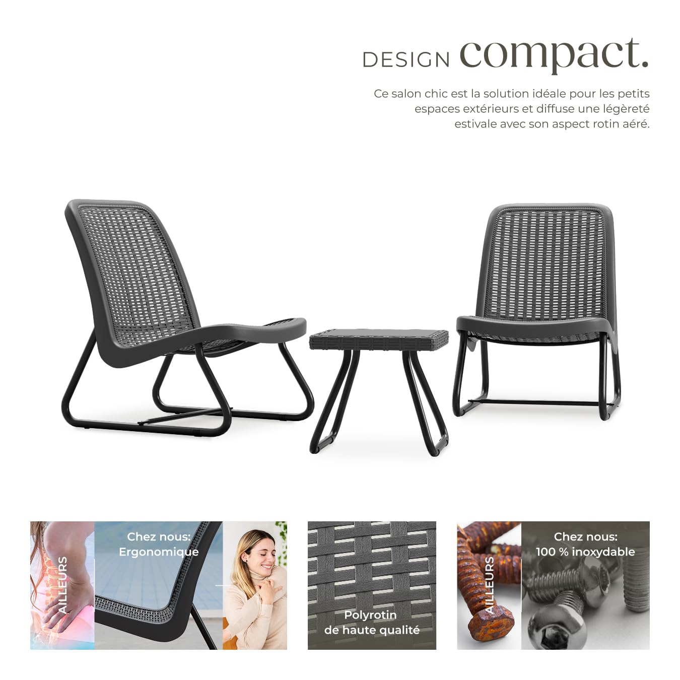 tectake® Salon de Jardin Exterieur en Poly Rotin & Acier laqué époxy 2 Personnes Ensemble Fauteuil Salon & Table de Jardin, Mobilier pour Amenagement Balcon Terrasse Veranda