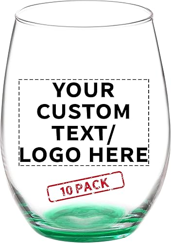 DISCOUNT PROMOS Juego de 10 copas de vino ARC sin tallo, 21 onzas, texto personalizable, logotipo, Chardonnay, Cabernet, Merlot, Sauvignon, verde